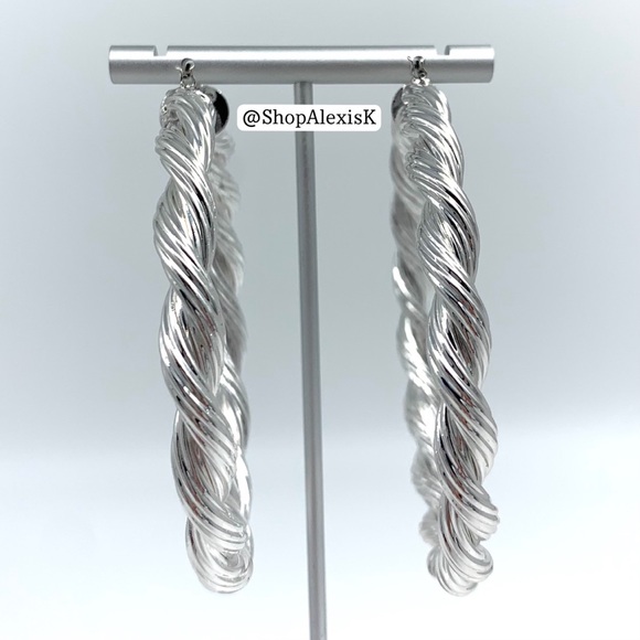 LAST PAIR- Large Silver Rope Twisted Hoop Earrings - Picture 4 of 7